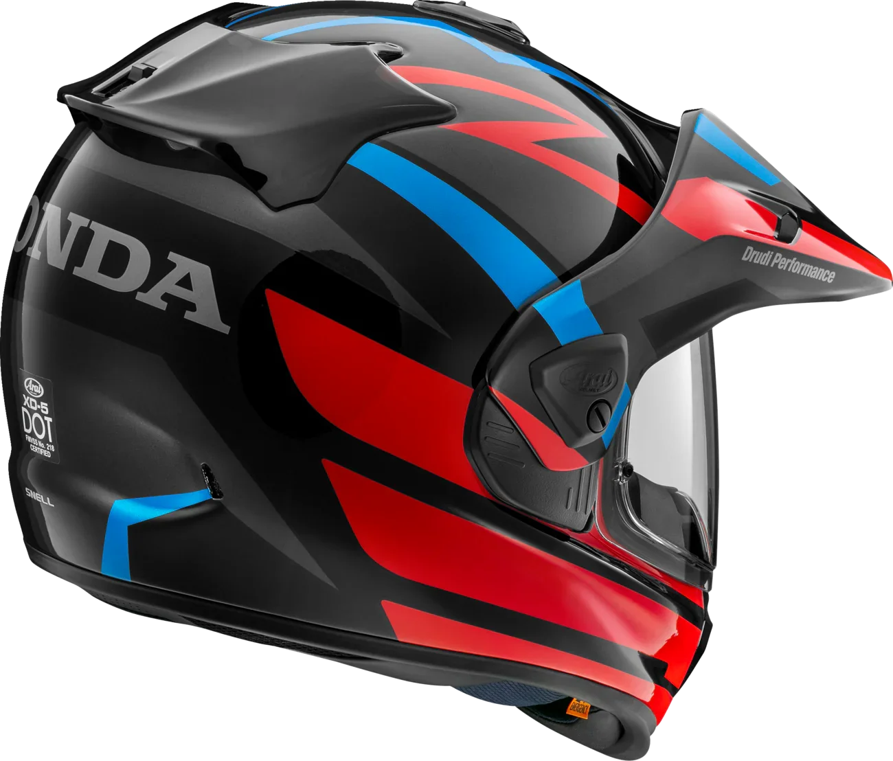 Arai XD-5 motorcycle helmet with Honda graphics, red and blue accents, DOT certified for safety