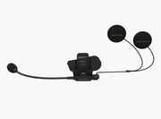 Black motorcycle communication headset with microphone and earpieces on a white background