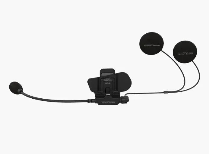 Black motorcycle communication headset with microphone and earpieces on a white background