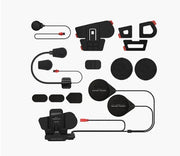 Motorcycle communication system components on a white background
