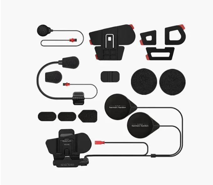 Motorcycle communication system components on a white background