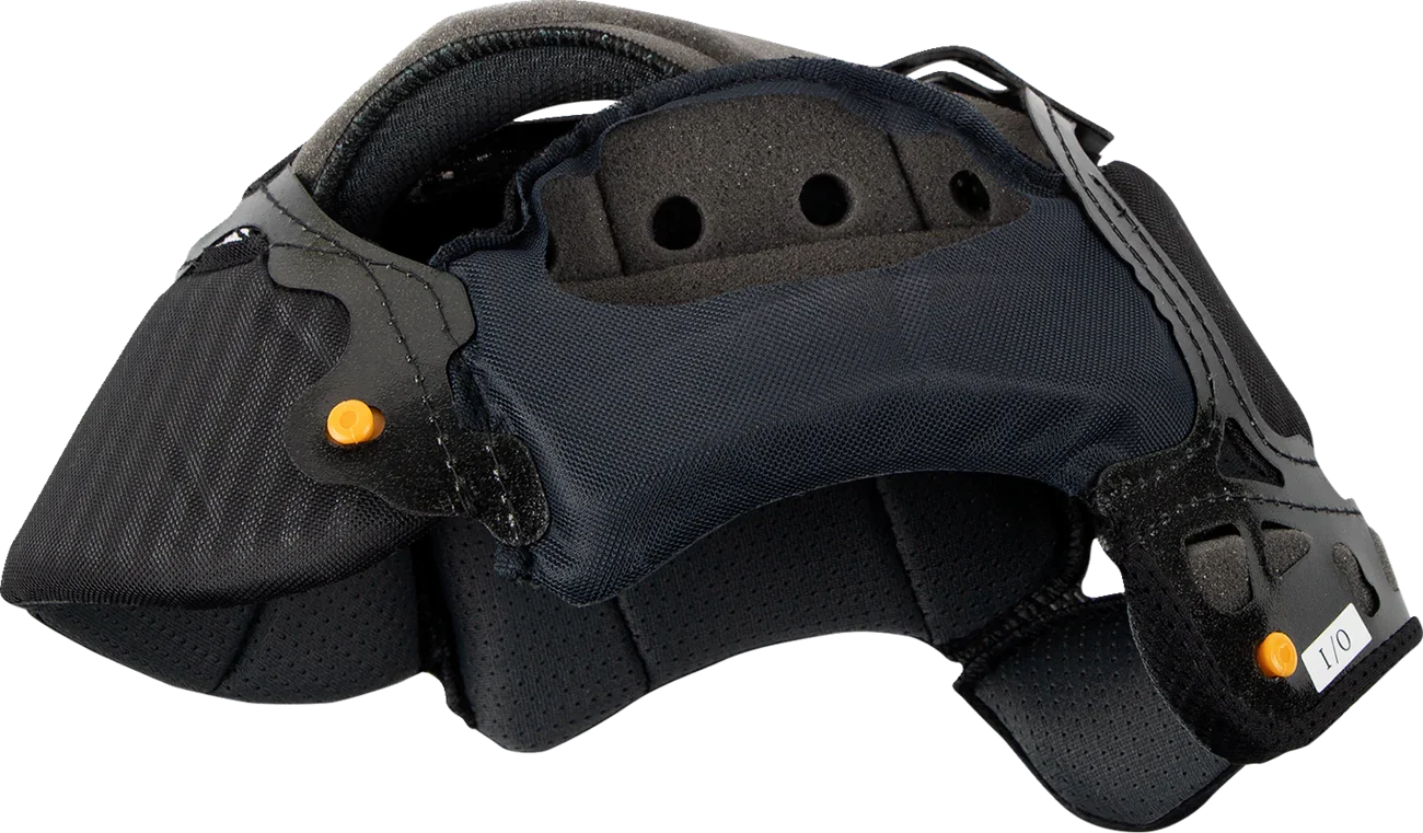 Black motorcycle neck brace with orange adjustment knobs and breathable padding for rider protection