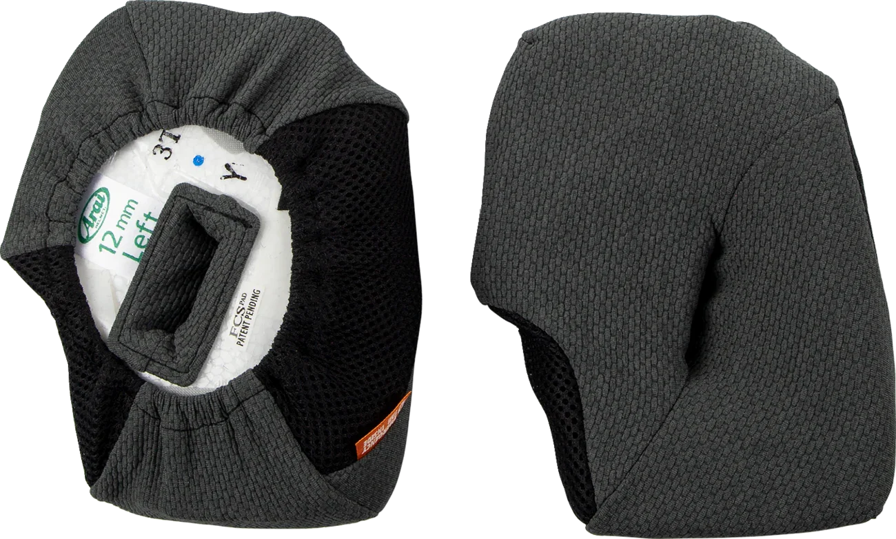 Arai 12mm motorcycle helmet cheek pads, left side shown with mesh lining and comfort fit design