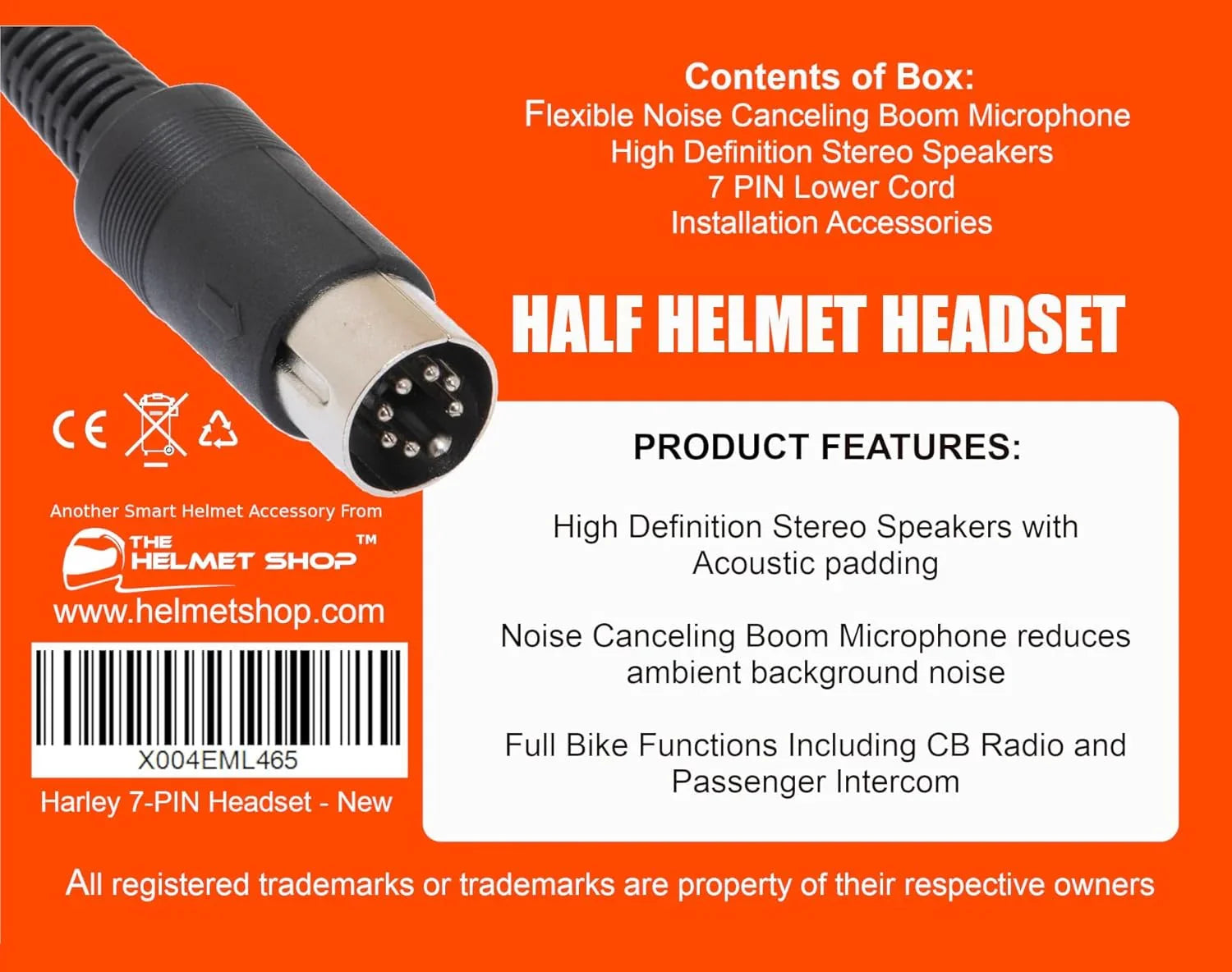 The Helmet Shop 7-PIN Half Helmet Headset Compatible with Harley-Davidson Audio Systems – Lower Cord Included | Ear Protection from Wind Noise and Cold Weather