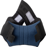 Black and blue motorcycle neck brace with adjustable straps for rider protection