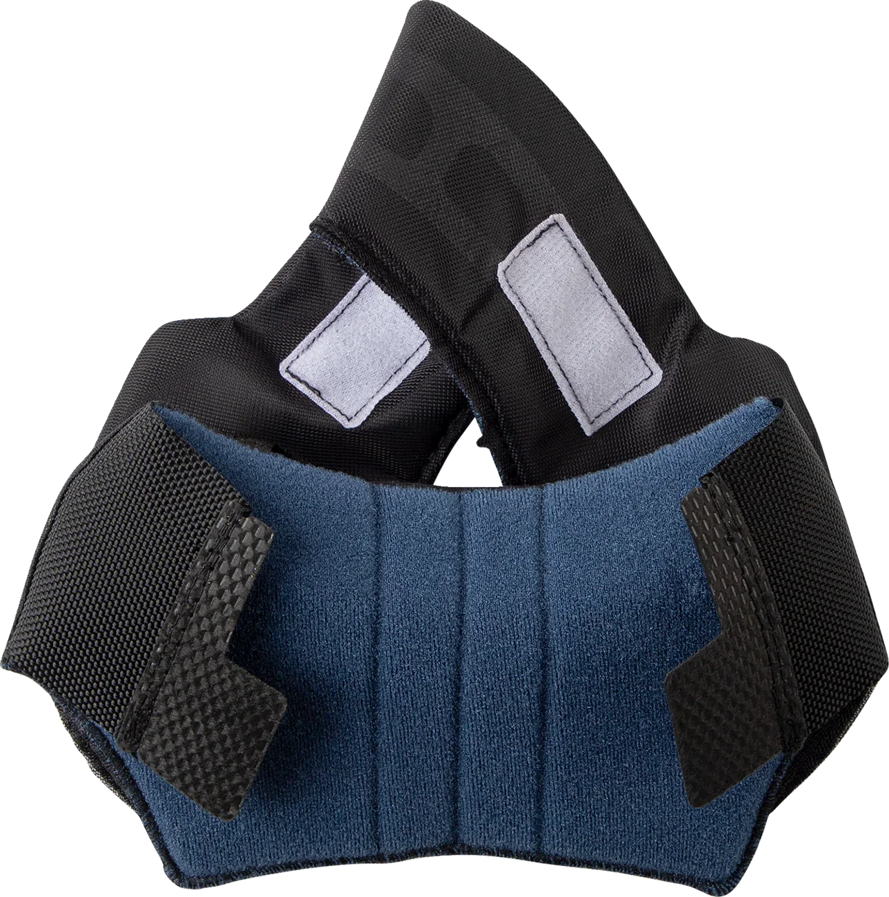 Black and blue motorcycle neck brace with adjustable straps for rider protection