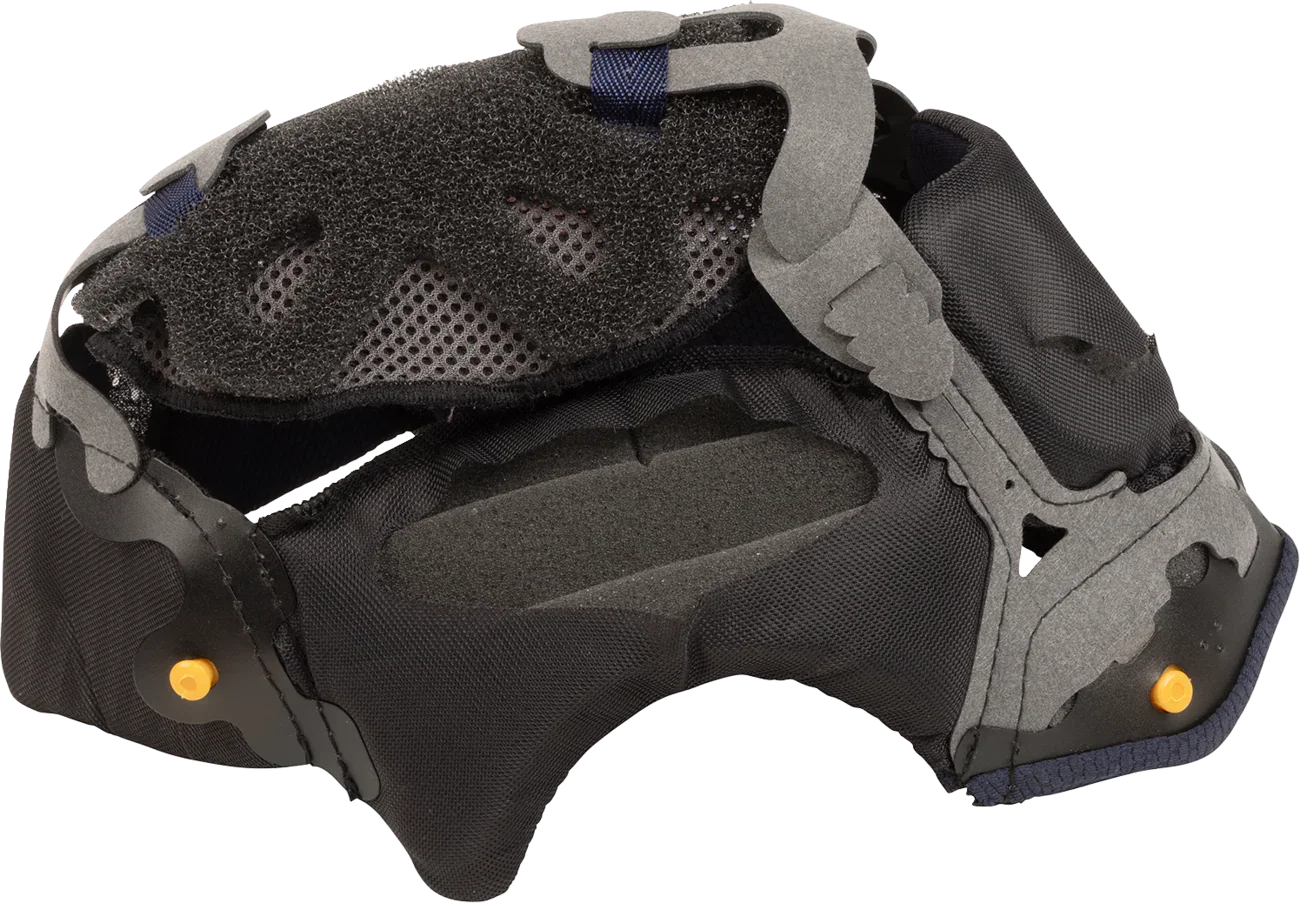 Black motorcycle helmet interior with breathable padding, adjustable straps, and orange quick-release pins for secure fit.