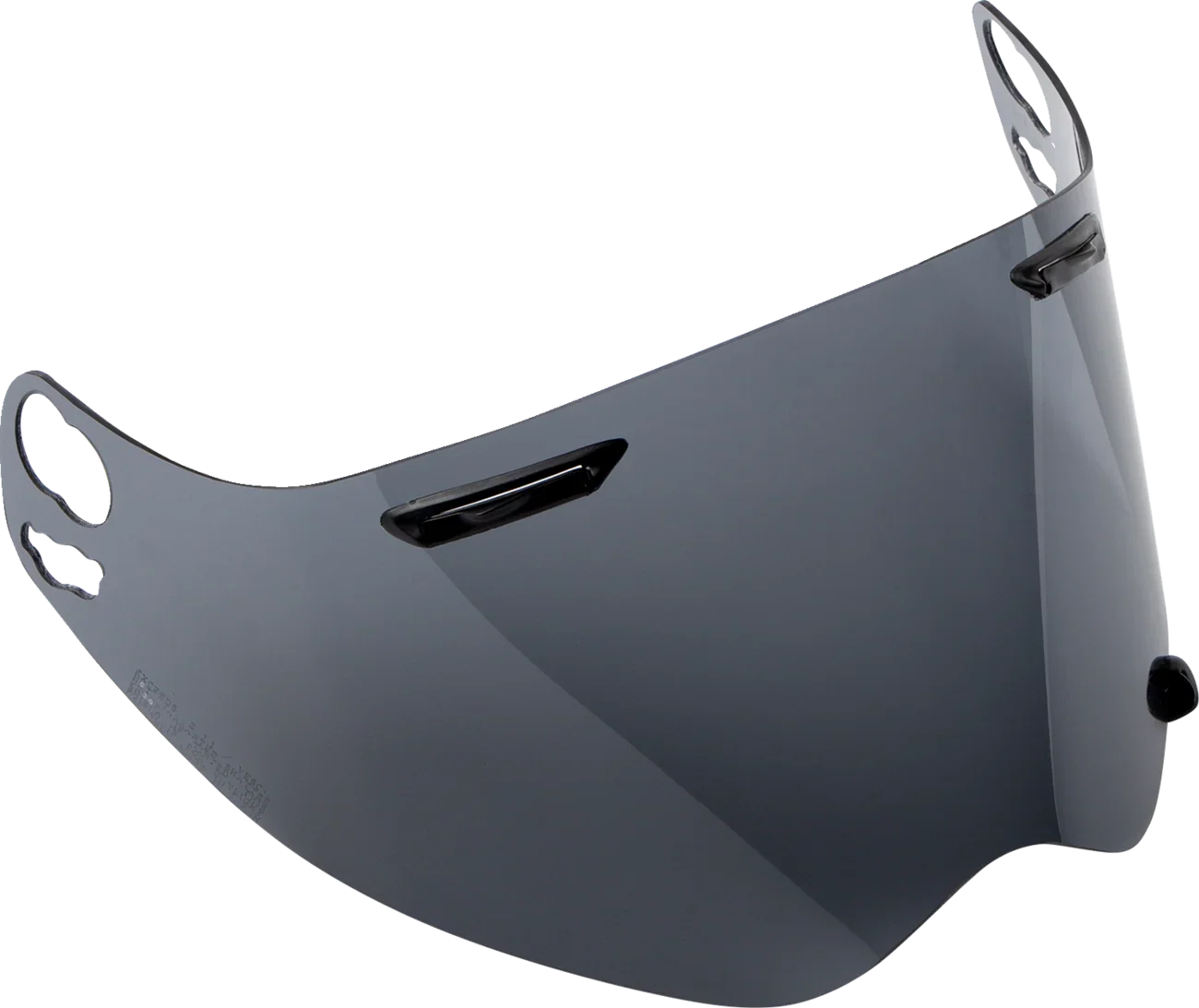Dark tinted motorcycle helmet visor with anti-fog coating and quick-release pins for easy swap