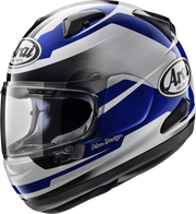 Arai full-face motorcycle helmet in blue, silver, and black with clear visor and Max Design graphics