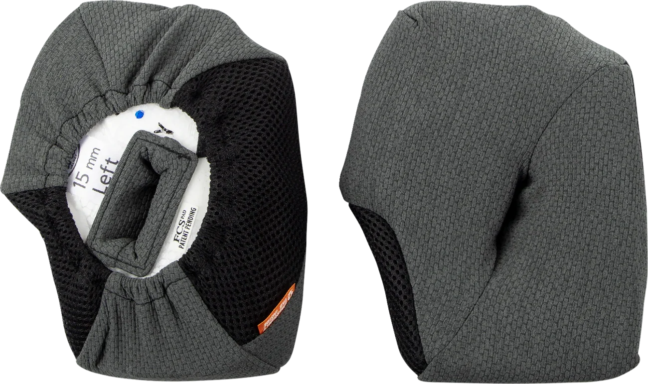 Gray motorcycle helmet cheek pads with black mesh, labeled 15mm left, for comfort and fit adjustment