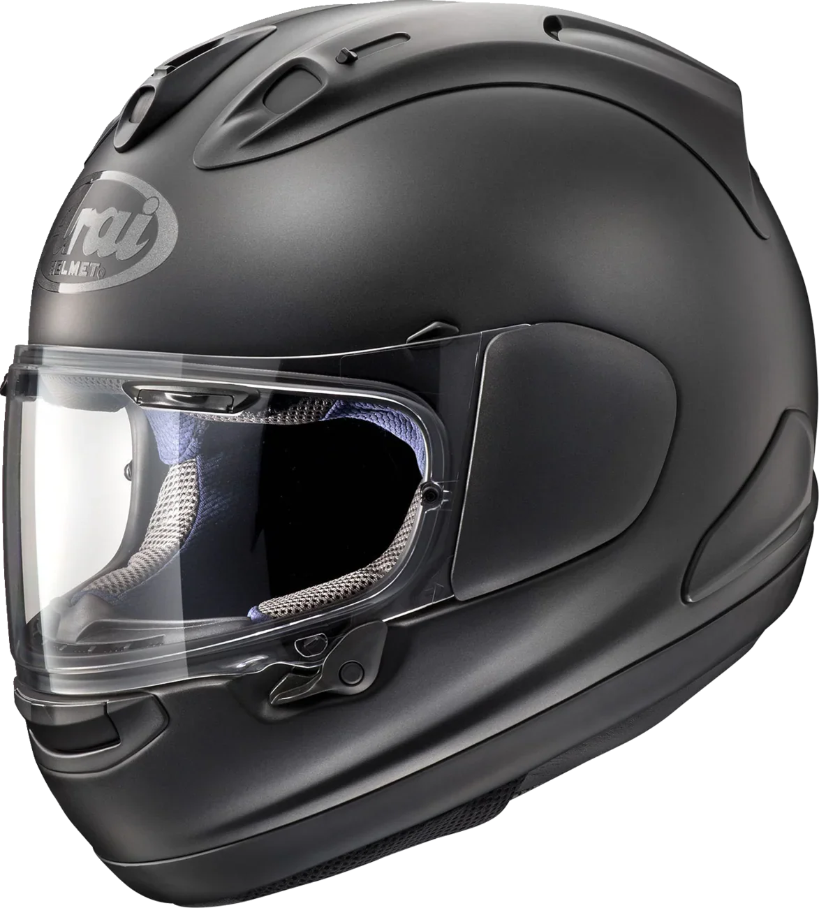 Matte black Arai full-face motorcycle helmet with clear visor and ventilation slots