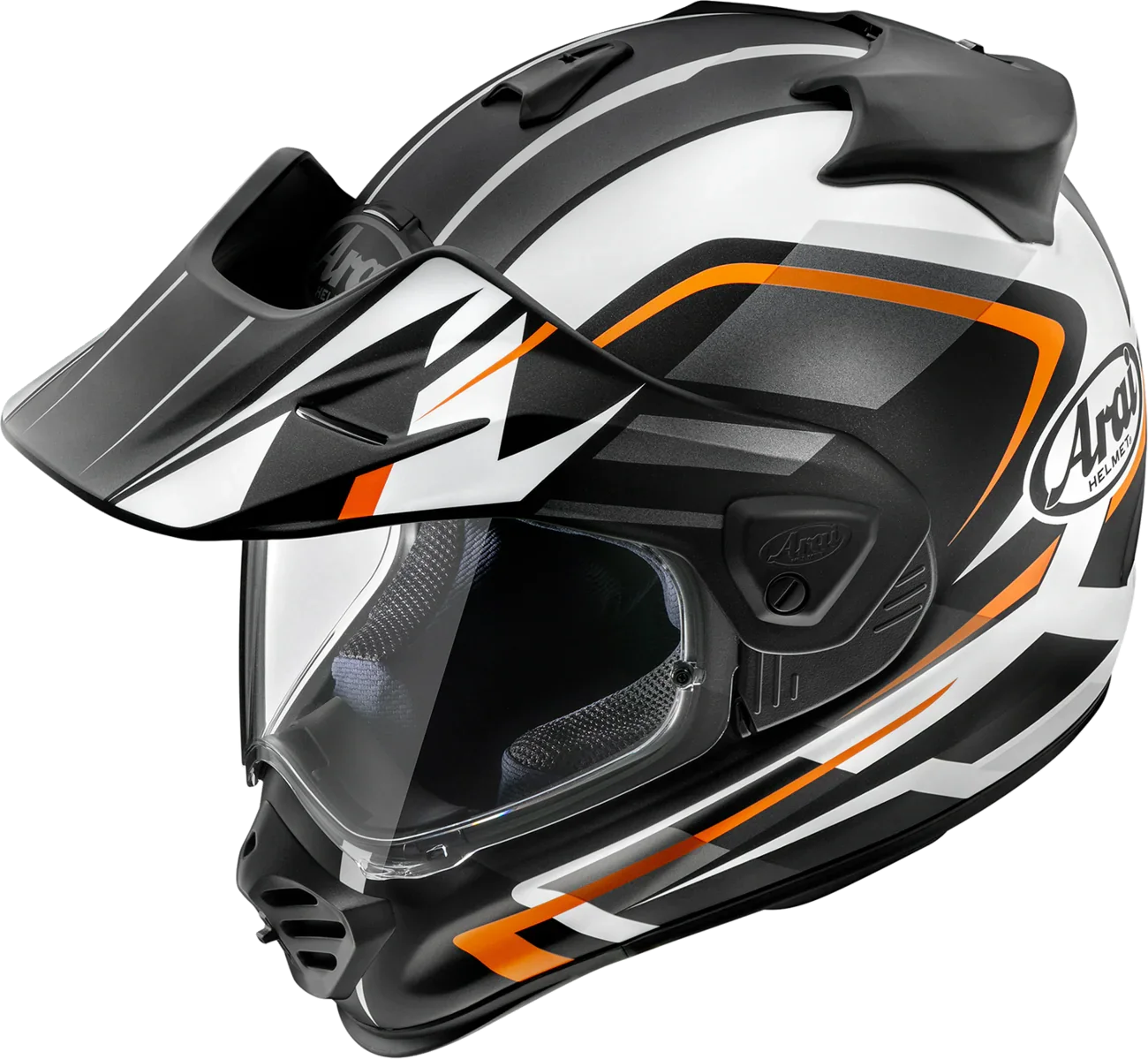 Arai motorcycle helmet with black, white, and orange graphics, clear visor, and off-road design