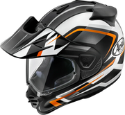 Arai motorcycle helmet with black, white, and orange graphics, clear visor, and off-road design