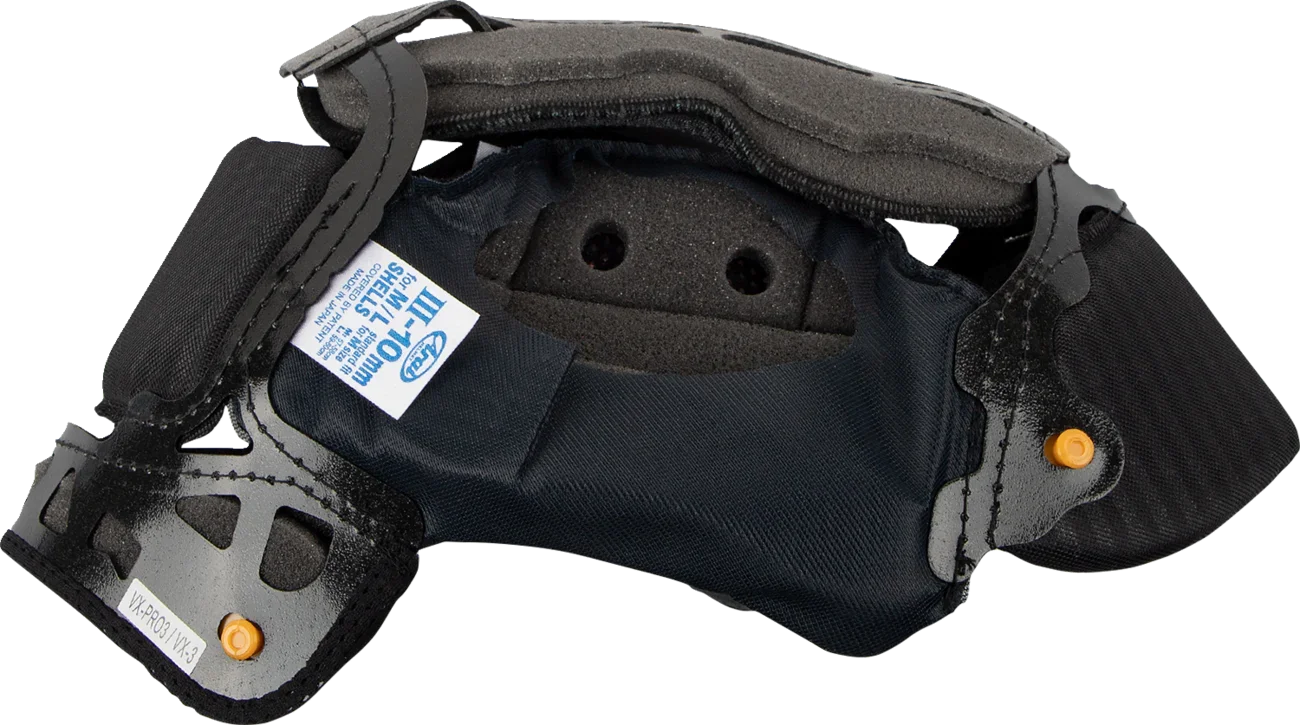 Arai VX-Pro3/VX-3 helmet interior with III-10mm padding, designed for M/L shells, featuring black foam and orange adjustment pins.