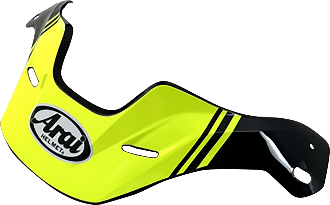 Arai motorcycle helmet visor shield in bright yellow with black accents and logo