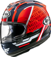 Arai motorcycle helmet with red, blue, and white design featuring 'Maverick' text and clear visor