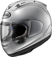 Silver Arai full-face motorcycle helmet with clear visor and ventilation slots