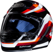 Arai full-face motorcycle helmet with red, white, and black graphics, Drudi Performance lining, and clear visor