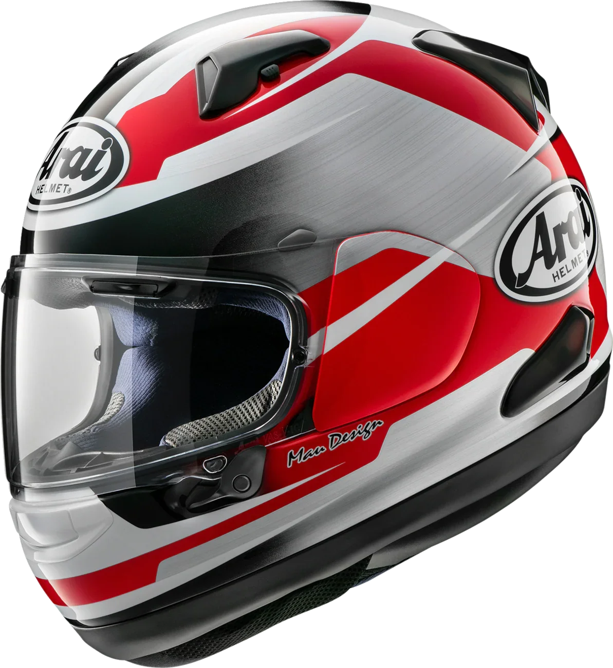 Arai full-face motorcycle helmet with red, silver, and black graphics and clear visor