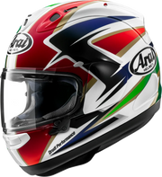 Arai Drudi Performance motorcycle helmet with red, white, blue, green, and gold graphics, clear visor, and sleek design