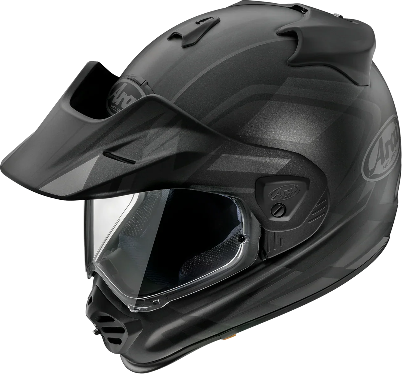 Arai off-road motorcycle helmet with clear visor and matte black design
