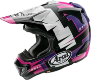 Arai motocross helmet with pink, purple, and white graphics, featuring MRD tech and star accents for off-road riding.