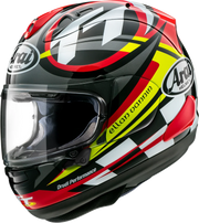 Arai full-face motorcycle helmet with red, yellow, and black graphics, clear visor, and Drudi Performance branding