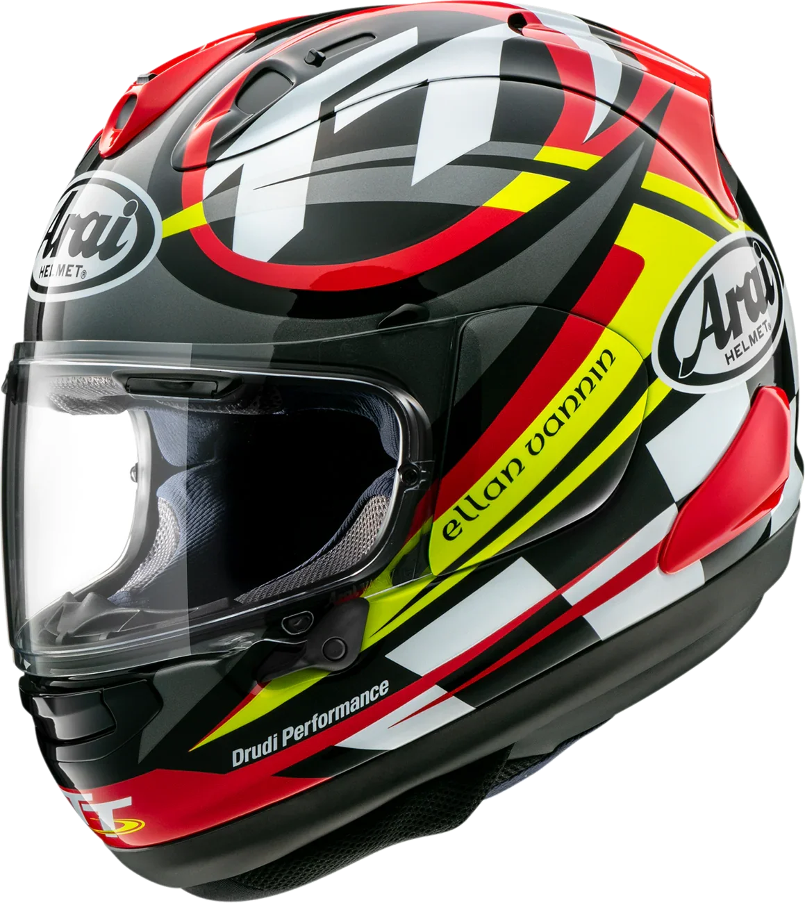 Arai full-face motorcycle helmet with red, yellow, and black graphics, clear visor, and Drudi Performance branding
