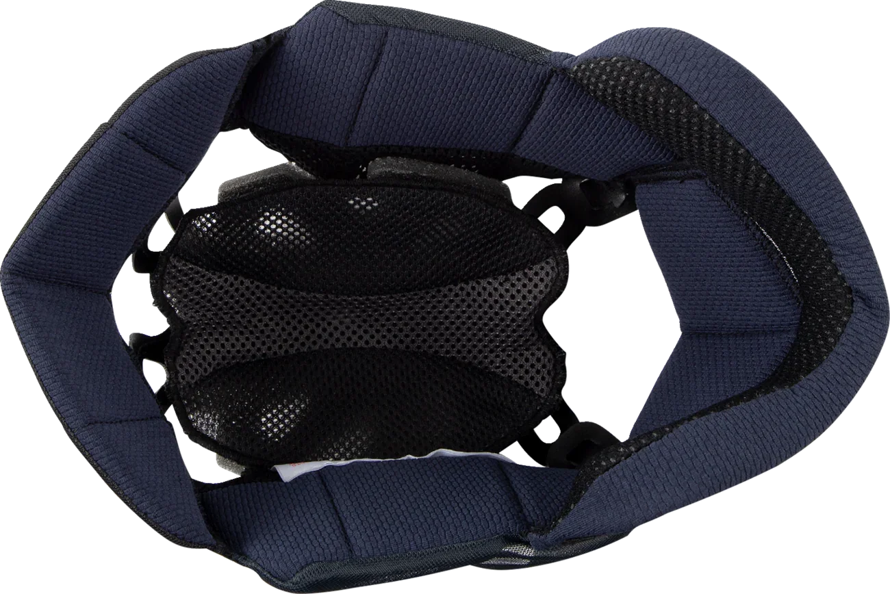 Interior view of motorcycle helmet with navy padding and black mesh lining for comfort and ventilation