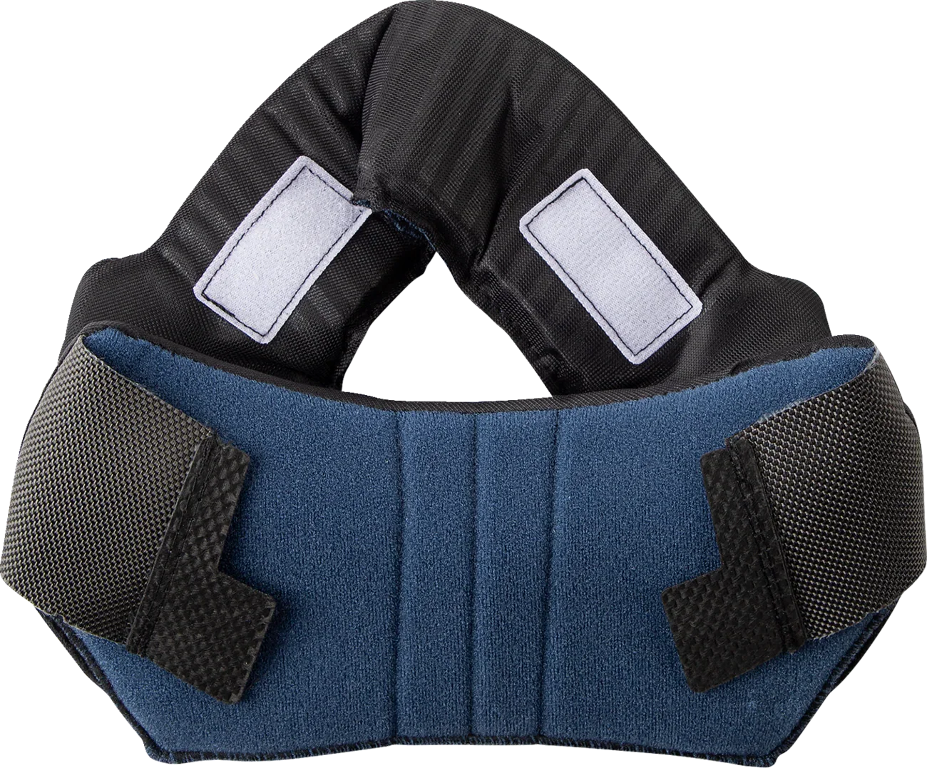 Blue and black motorcycle helmet neck support with adjustable straps and padding for comfort and safety