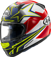 Arai Drudi Performance motorcycle helmet with bold red, white, blue, and neon yellow graphics and clear visor