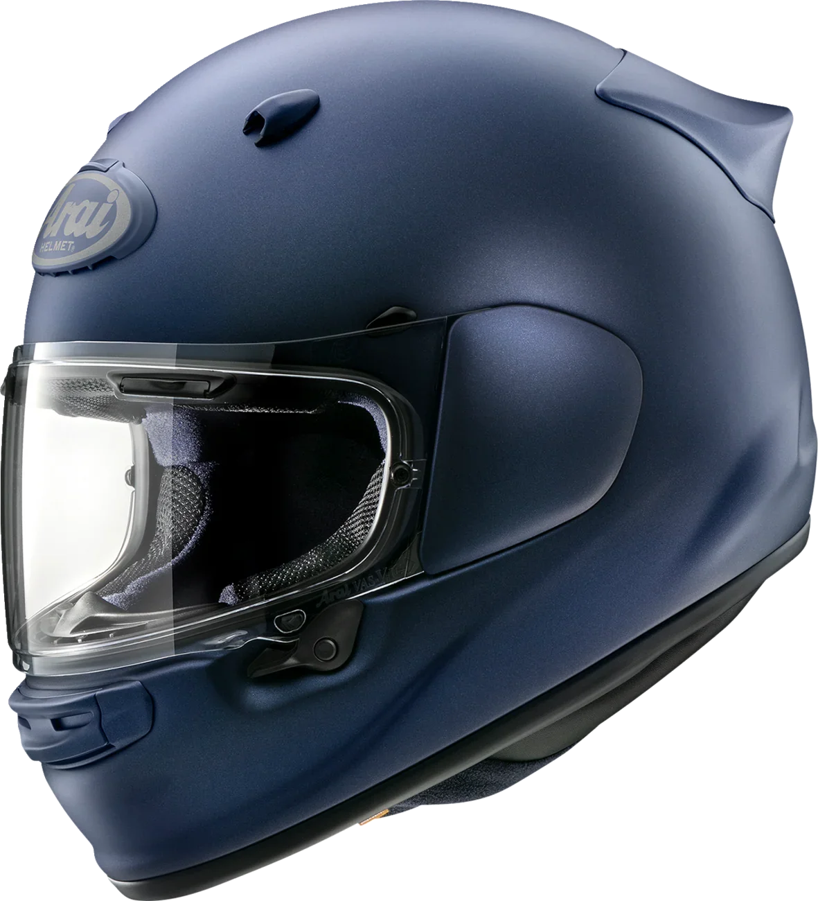 Matte navy Arai full-face motorcycle helmet with clear visor, premium protective gear for riders