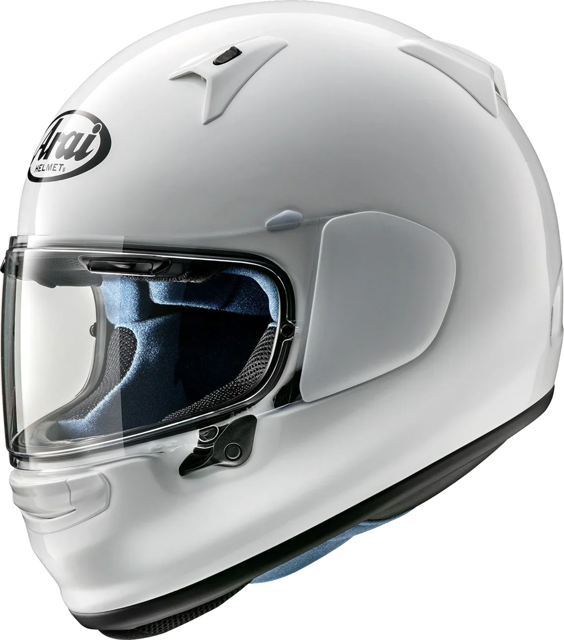 White Arai full-face motorcycle helmet with clear visor and blue interior padding