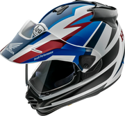 Arai motorcycle helmet with Honda and Drudi Performance graphics, blue white red design