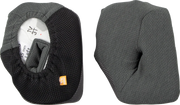 Gray and black motorcycle helmet cheek pads with mesh lining, labeled left side, 15mm thickness