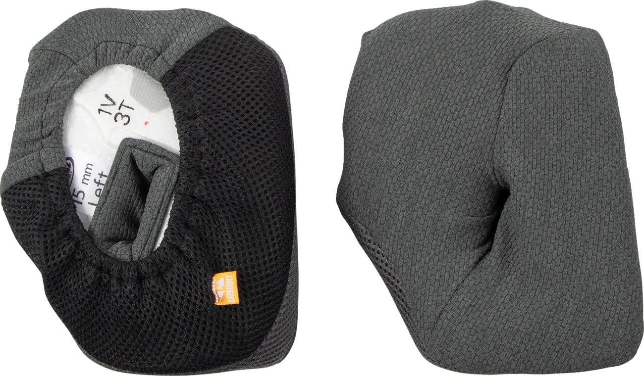 Gray and black motorcycle helmet cheek pads with mesh lining, labeled left side, 15mm thickness