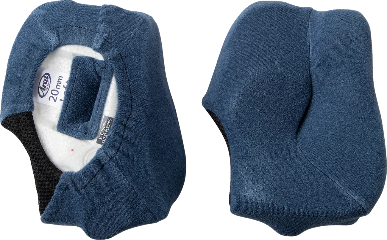 Arai 20mm motorcycle helmet cheek pads, blue comfort lining with FCS pad technology