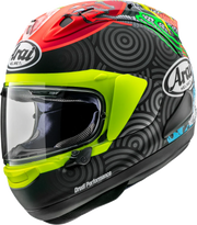 Arai Drudi Performance motorcycle helmet with vibrant red, green, and black graphic design and clear visor