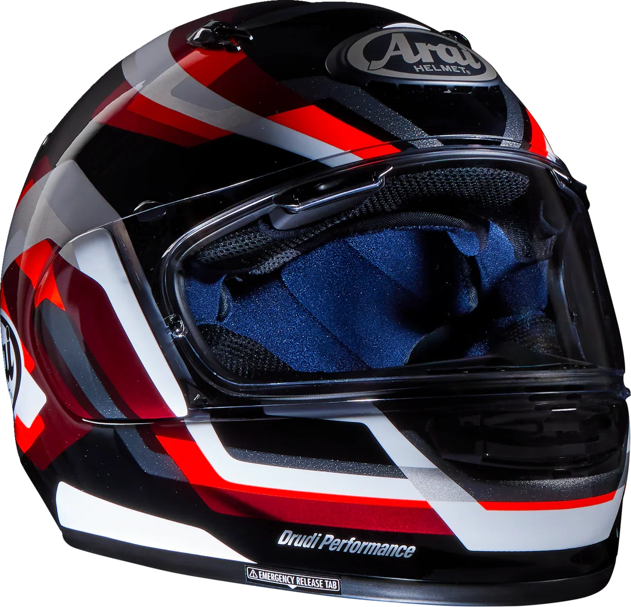 Arai Drudi Performance full-face motorcycle helmet with red, white, and black graphics and clear visor