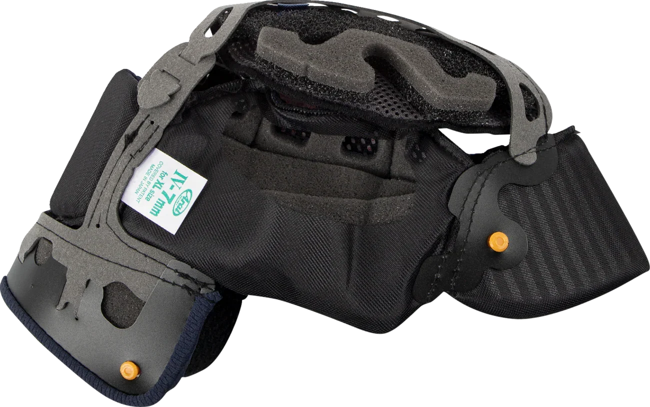 Black motorcycle neck brace with gray padding, adjustable straps, and orange buckles for safety and comfort