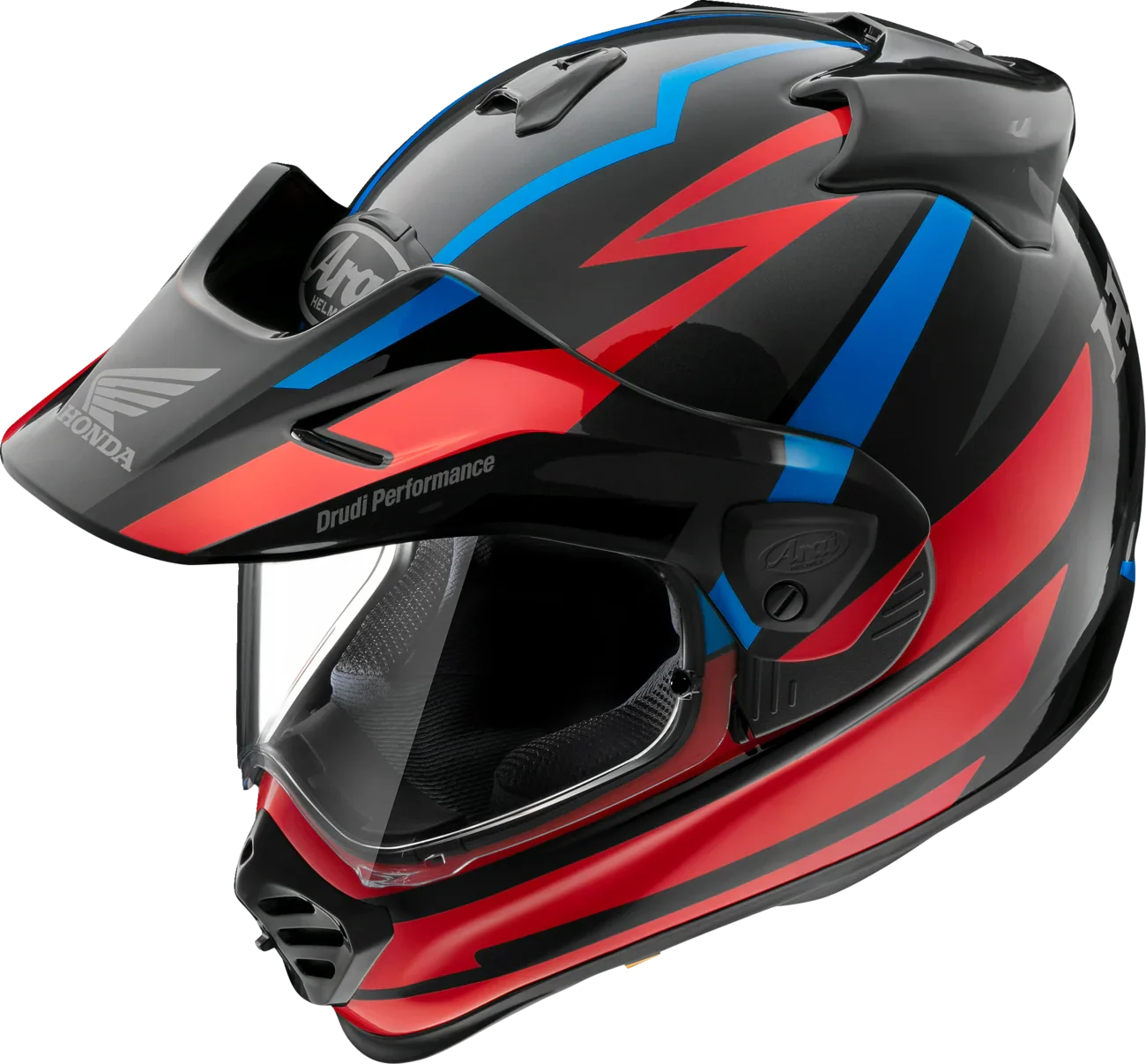 Arai off-road motorcycle helmet with red, blue, and black graphics, Honda logo, and clear visor