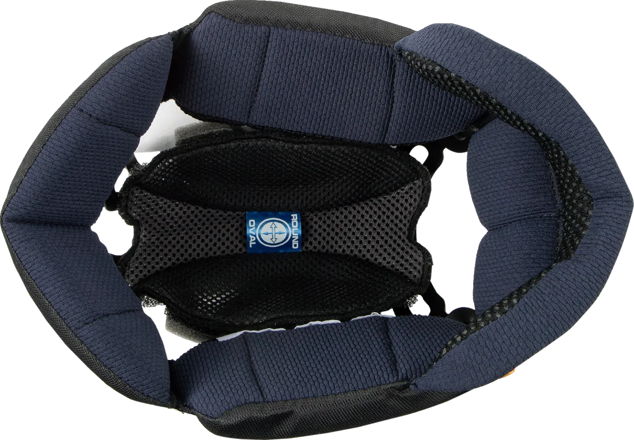 Oval Round motorcycle helmet interior with navy padding and breathable mesh lining for comfort and fit