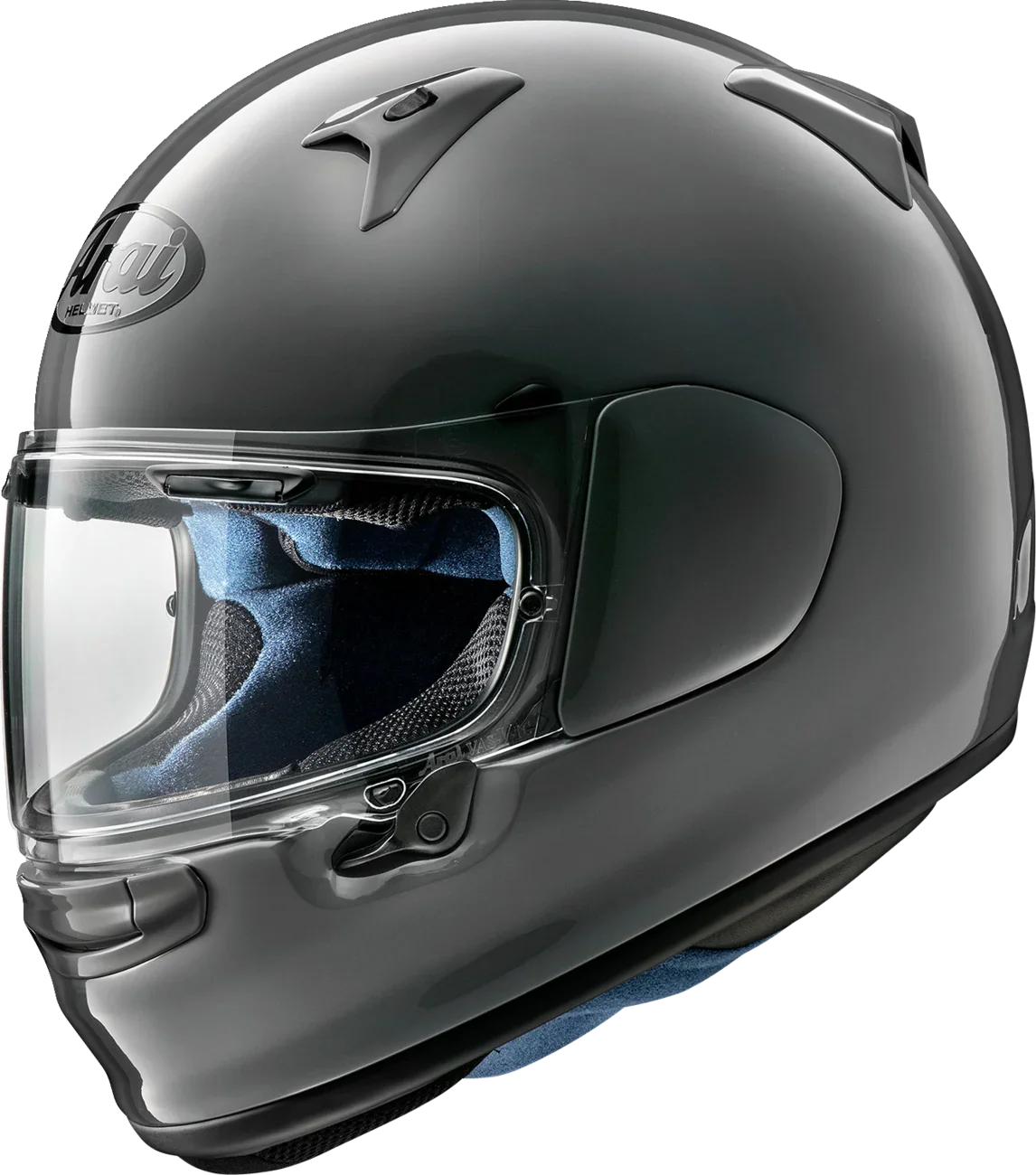 Arai full-face motorcycle helmet with clear visor, sleek black design, and blue interior padding