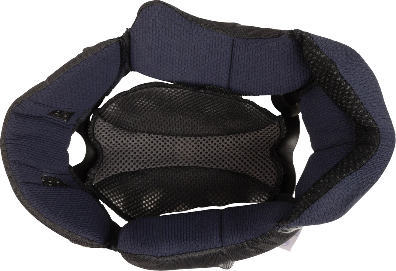 Blue and black motorcycle helmet interior with breathable mesh padding for comfort and fit