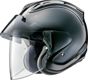 Arai motorcycle helmet with clear visor, matte black finish, and adjustable chin strap for safety and comfort.