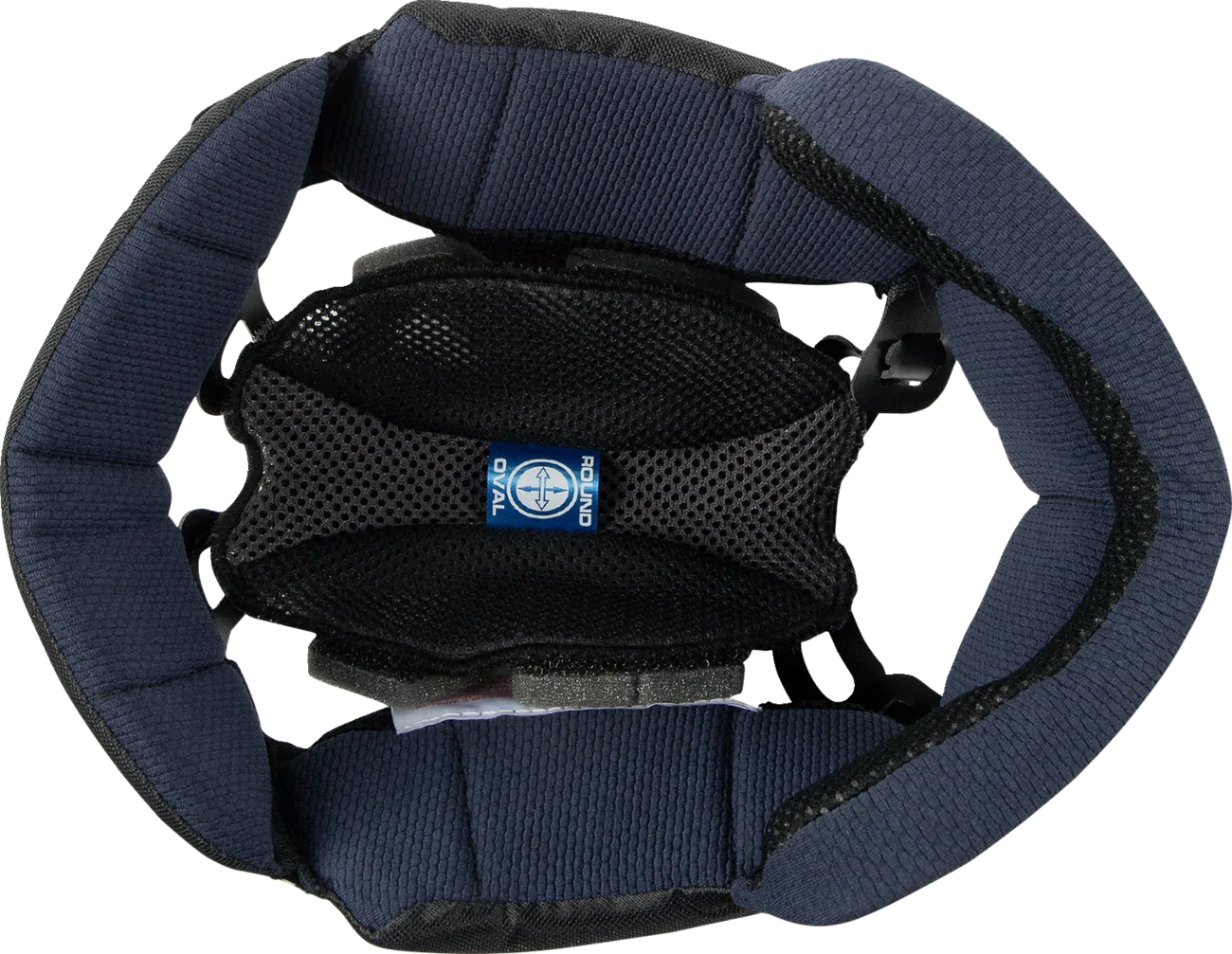 Blue and black motorcycle helmet interior with padded lining and OVAL ROUND label