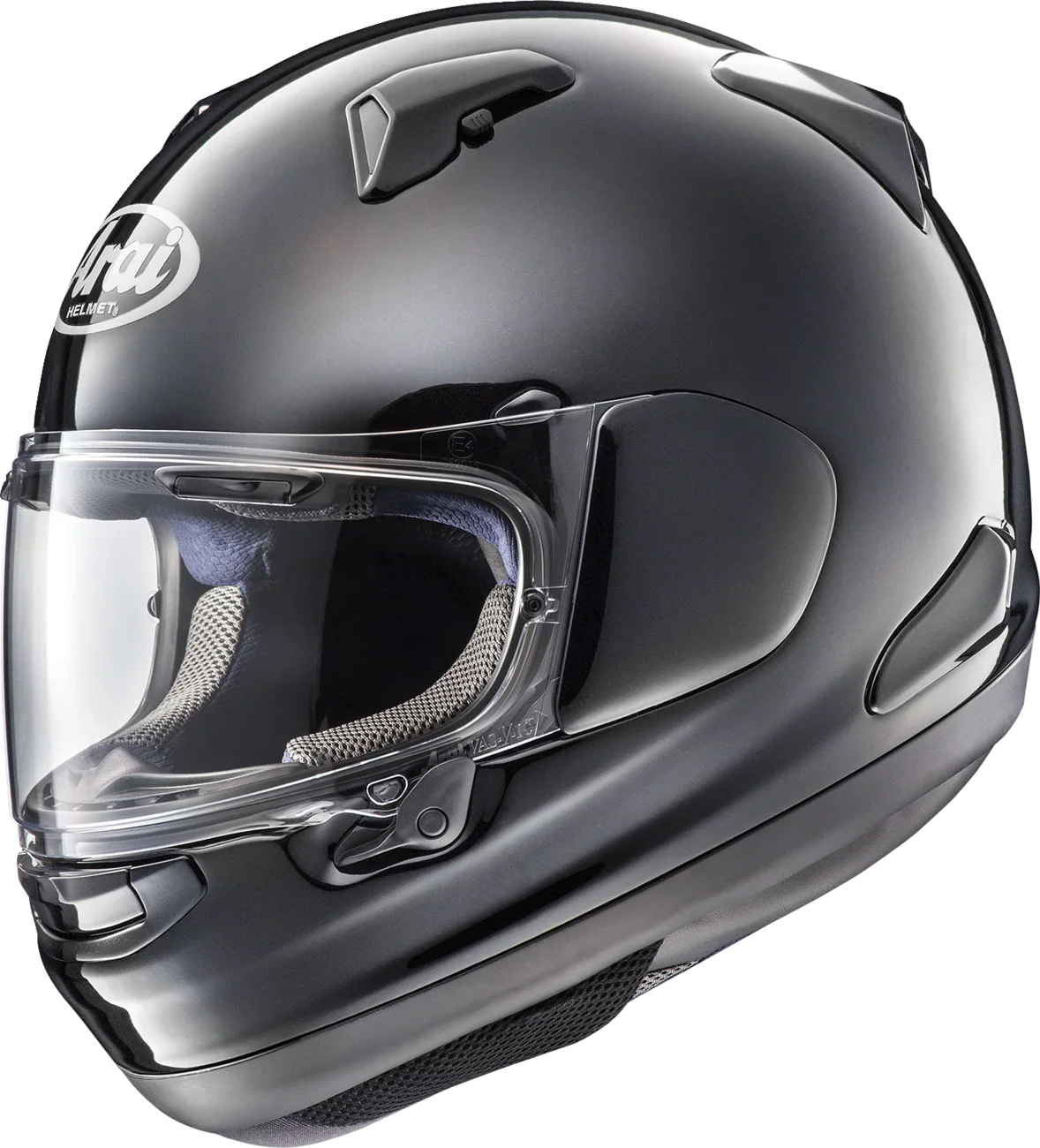 Arai full-face motorcycle helmet with clear visor, sleek black design, and premium protective features