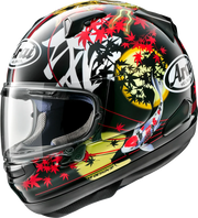 Arai motorcycle helmet with koi fish and red maple leaf design, full-face protective gear