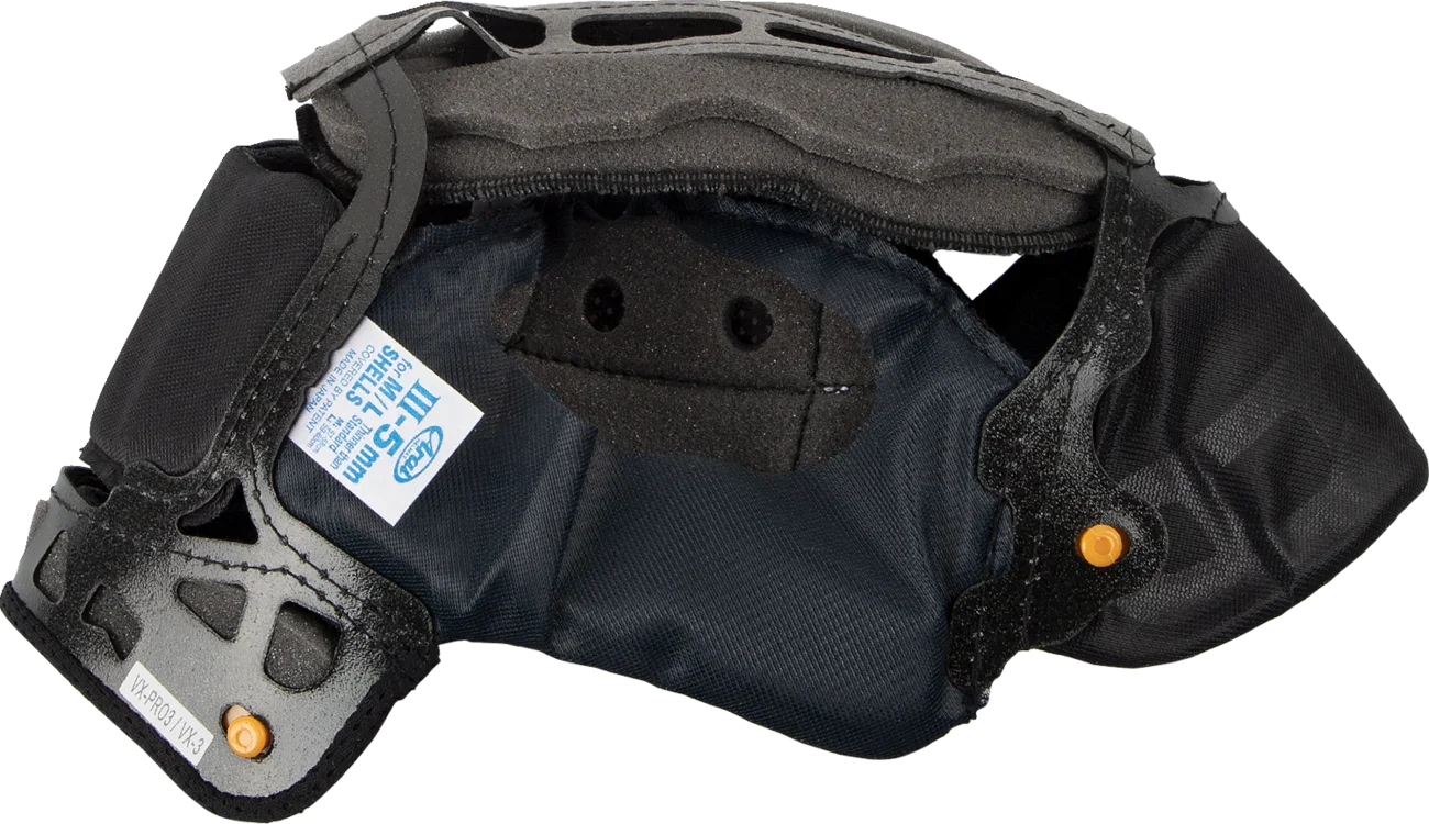 Arai VX-Pro3 motorcycle helmet interior with comfort padding and 5mm shell label, showcasing fit and ventilation design.