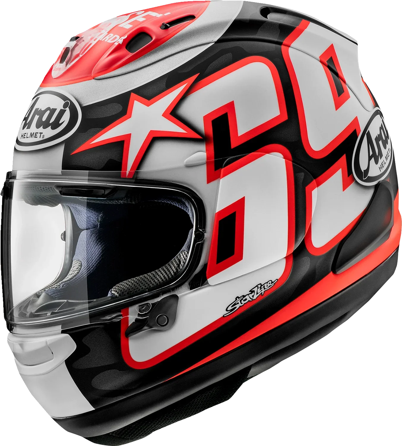 Arai motorcycle helmet with red, white, and black graphics, featuring star and number design, clear visor